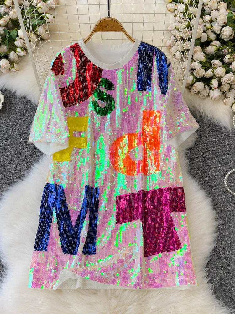 

Women's Summer T-shirt Korean Version Medium To Long Loose Half Sleeved Dance Outfit Paired Round Neck Sequined Letter Top TS006