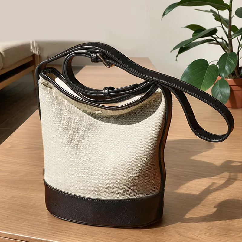 

Minimalist Herringbone Two Tone Bucket Bag Office Lady Versatile Trendy Crossbody Shoulder Tote Genuine Cow Leather Chic Handbag
