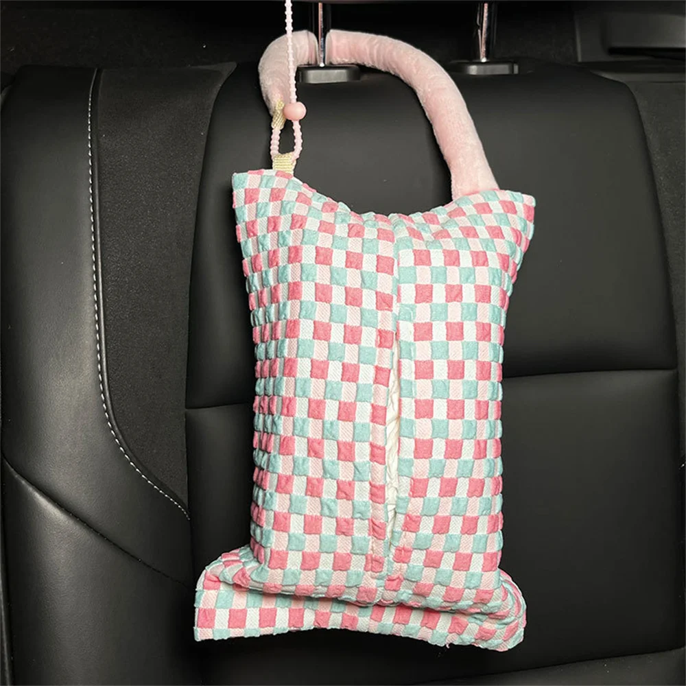 Pink Plaid Fabric Tissue Box Portable Hanging Tissue Case Living Room Container Home Car Towel Napkin Holder Home Decoration