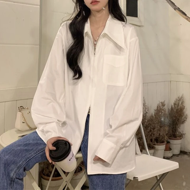 spring autumn new Solid color fashion Long Sleeve shirt women Turn-down Collar zipper patchwork Cardigan pocket All-match tops