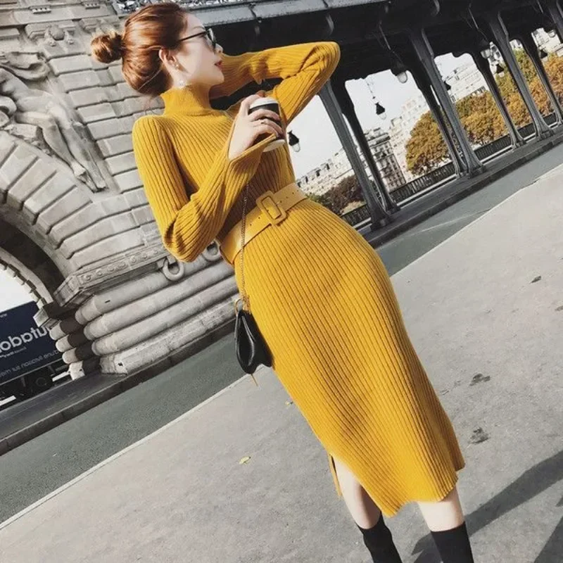 Cover Up with Belt Woman Knitted Dress Knee Length Midi Yellow Crochet Dresses for Women Split Turtleneck Elegant Party Thic Y2k