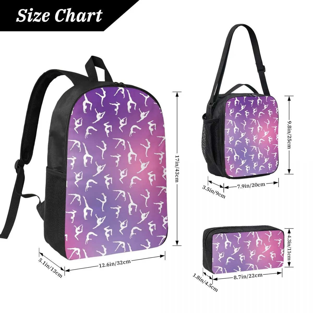 Dance Rhythmic Gymnastics Pattern Backpack BookBag School Bag Computer Shoulder Bags 3ps Insulated Lunch Bag Pencil Case