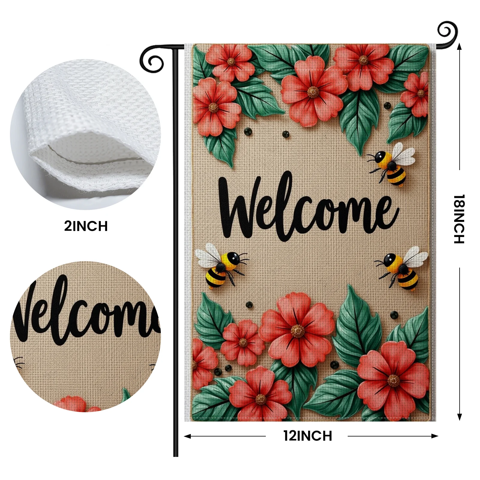 Rustic Burlap Welcome Garden Flag Welcome Yard Banner 3D Decorative Green Leaf Accents Garden Welcome Sign for Front Porch Decor