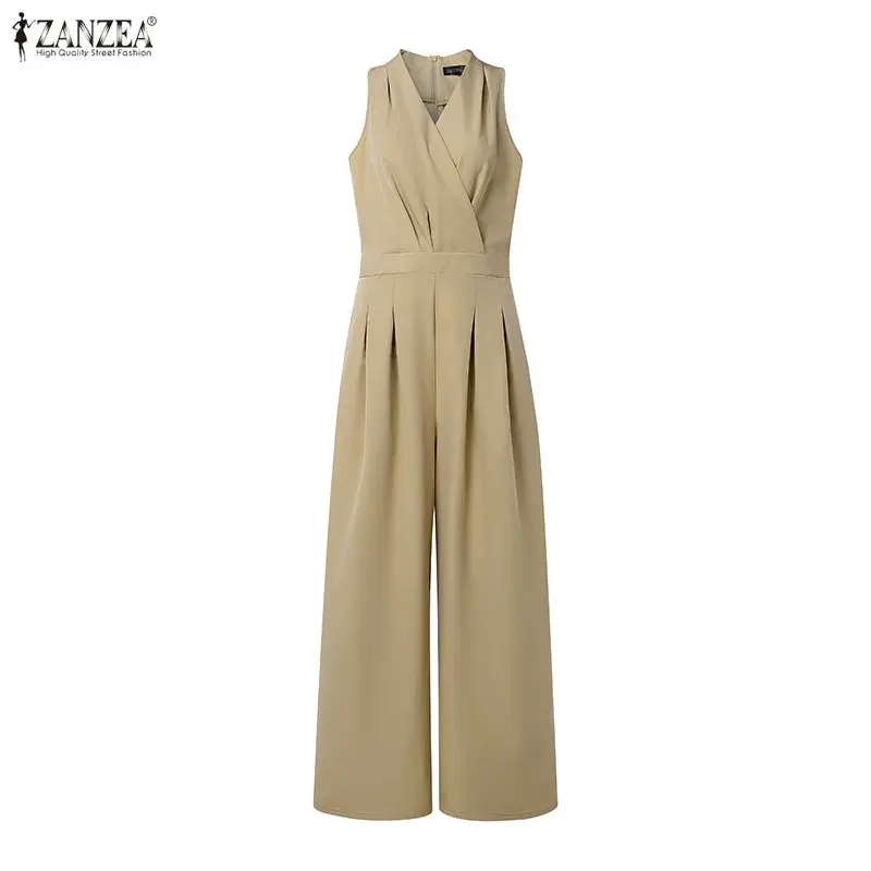 

Summer Women Jumpsuits ZANZEA Elegant Sleeveless Solid Wide Leg Pants V Neck Party OL Work Overalls Long Playsuits Streetwear