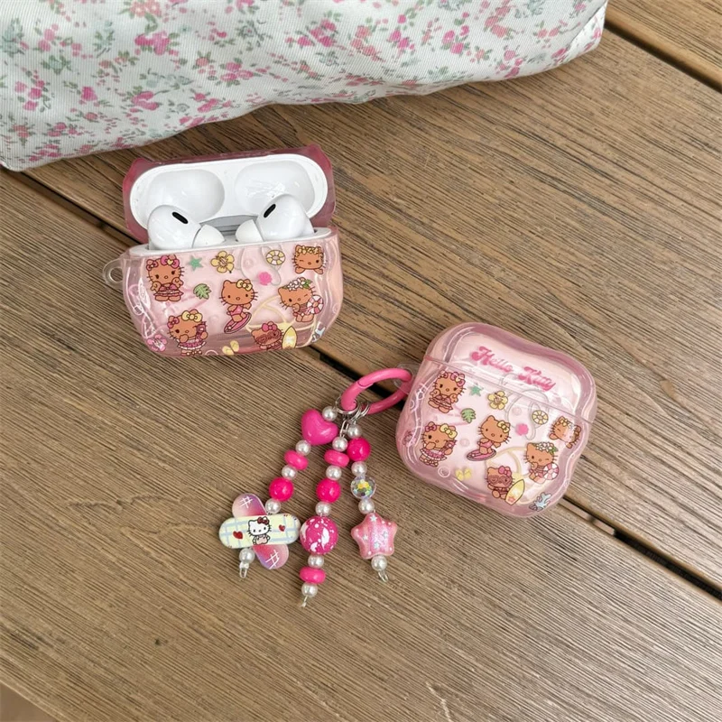 Cute Cartoon Cat Pink Soft TPU Earphone Case For AirPods Pro 3 2 For AirPods 4 3 2 1 Clear Cover With Beaded Charm Keychain Gift