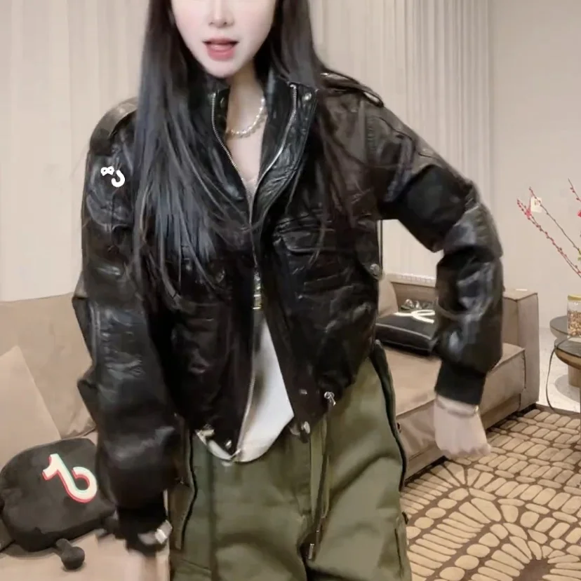 2025年春新作 レディース オートバイ風コート オイルワックスレザー バイカーコート ゆったり着痩せ効果 アウター サイズ展開あり