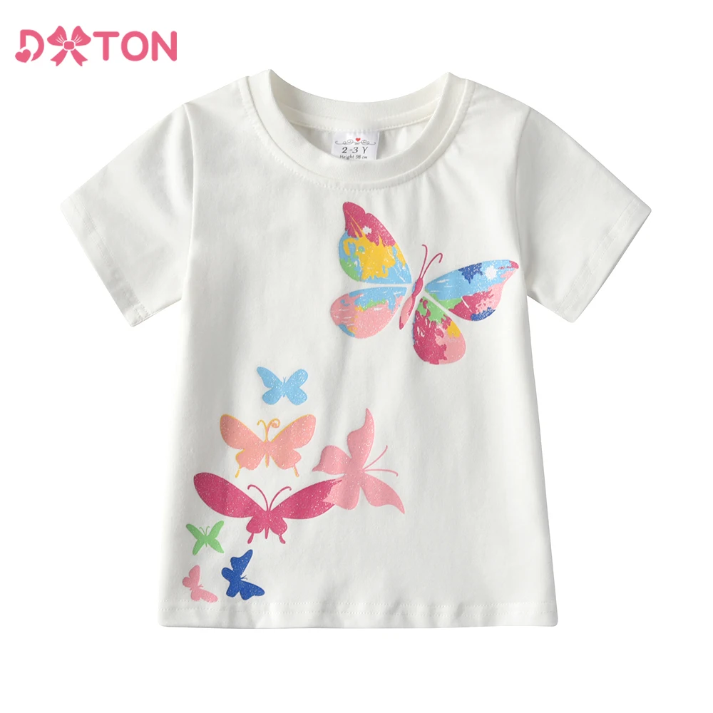 DXTON Summer Tops For Girls O-Neck Short Sleeve Toddler Baby T-shirts Cotton Children Tees Butterflies Printed Casual Kids Tops