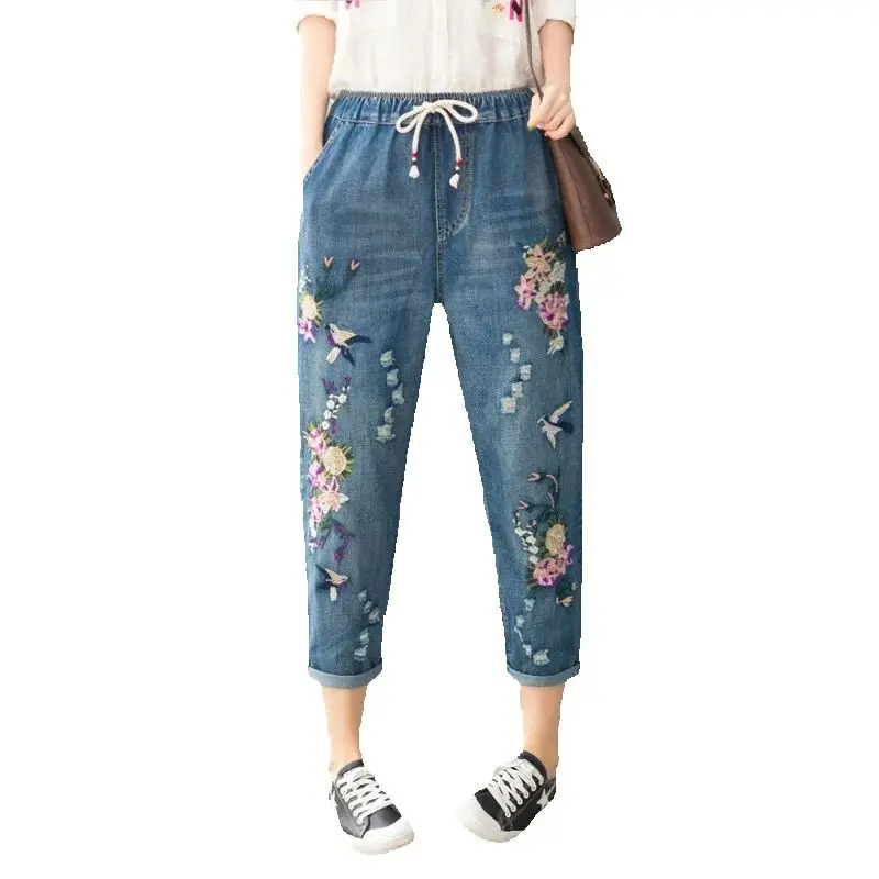 

Summer Women Vintage Floral Loose Denim Pants Chinese Style Casual Ripped Blue Jeans Holes Elastic Harem Trousers