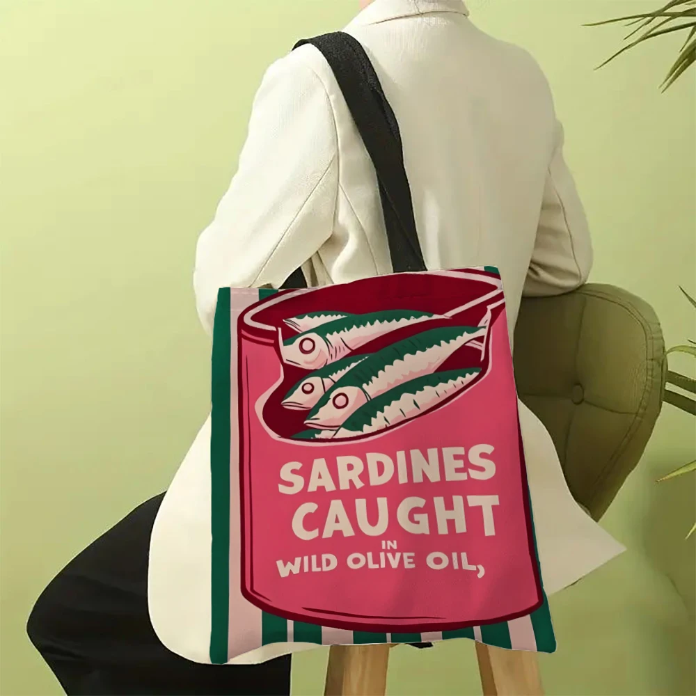 1pc Sardine Design Durable Polyester Tote Bag -Large Capacity Sturdy Shopping Bag Printed Sardines Sustainably Caught Bag