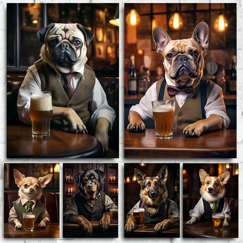 Póster e impresiones de Bulldog Francés, Pug, Corgi, perros en el Pub, pintura en lienzo de mascota y cerveza, arte de pared para Bar, Club, decoración de la habitación del hogar