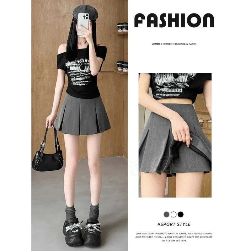 TFETTERS Summer Ladies Pleated Skort High Waist Solid Color Fake Two Piece Skirt Casual Preppy Style Anti-light Short Skirts