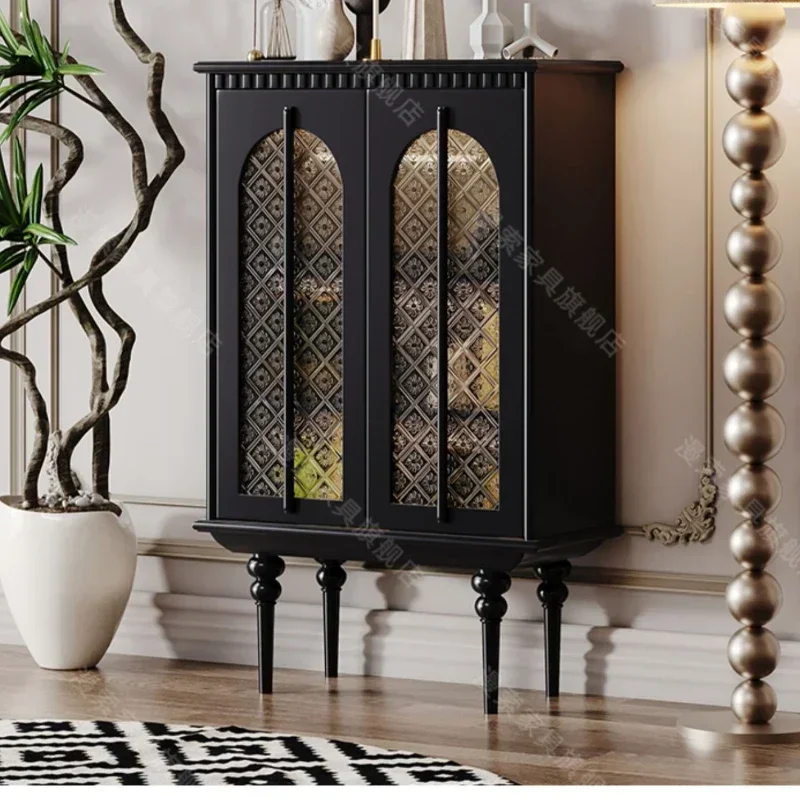 

Sideboard Light Luxury Solid Wood Household Living Room Induction Lamp Glass Door Wine Entrance Cabinet