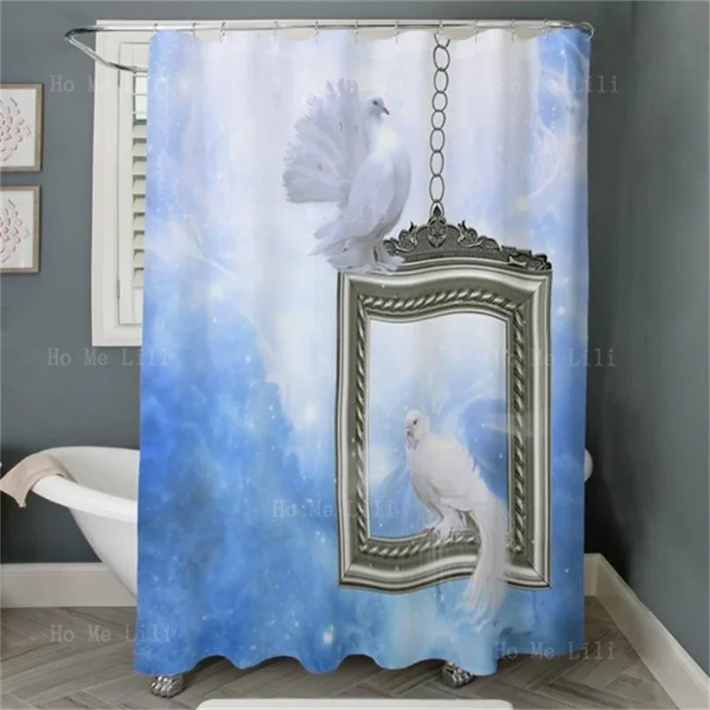 Noble Pure White Dove Of Peace Stands On A Silver Frame Against Glowing Blue Background Shower Curtain With Hooks