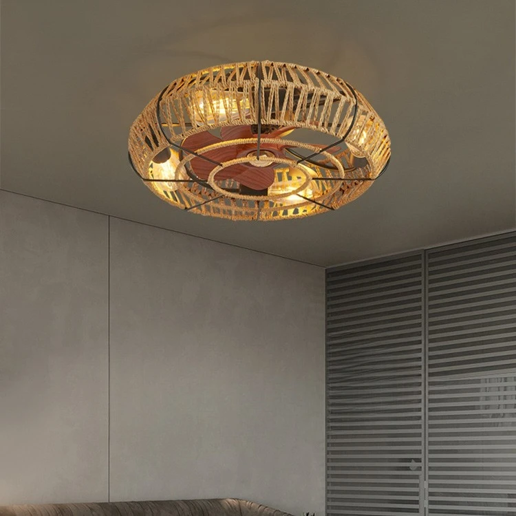 

American Simple Retro Fan Lamp Hemp Rope Ceiling Fan Lamp Living Room Dining Room Bedroom Ceiling Lamp