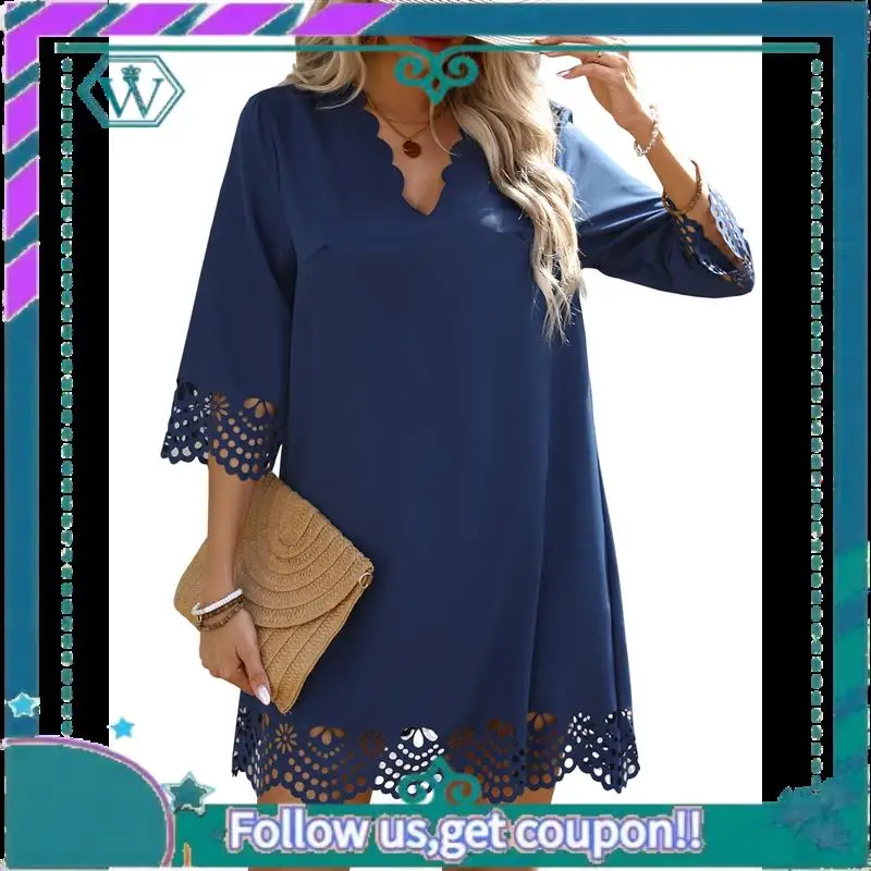 A09P Women's Casual T Shirt Dress Summer 3/4 Length Sleeve Hollow Swing Dresses