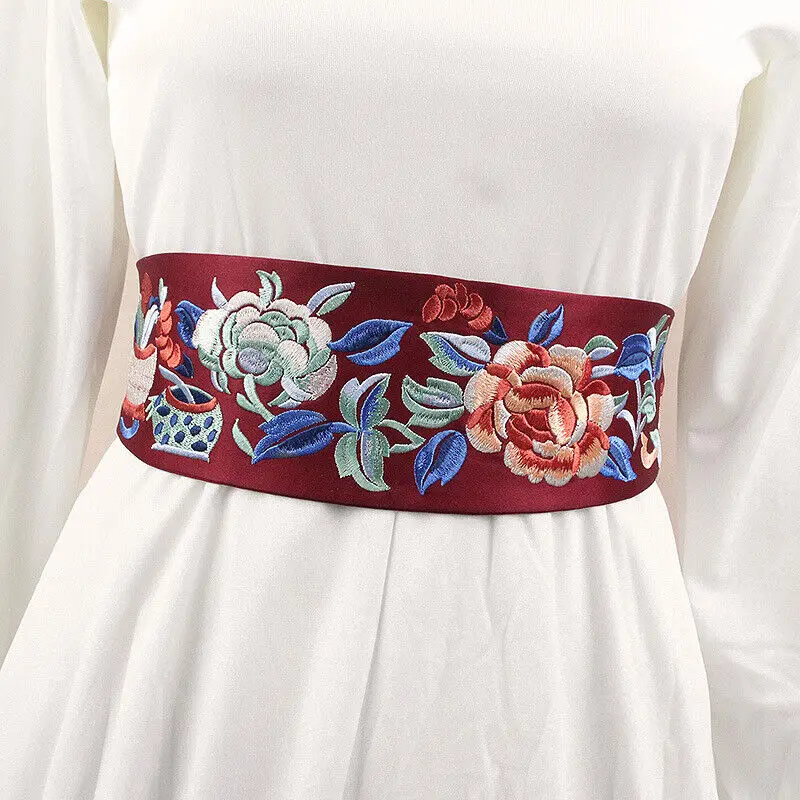 

Japanese Style Kimono Waist Belt Elastic Women Floral Embroidery Wide Belt Retro Yukata Dress Embroidery Obi Waistband