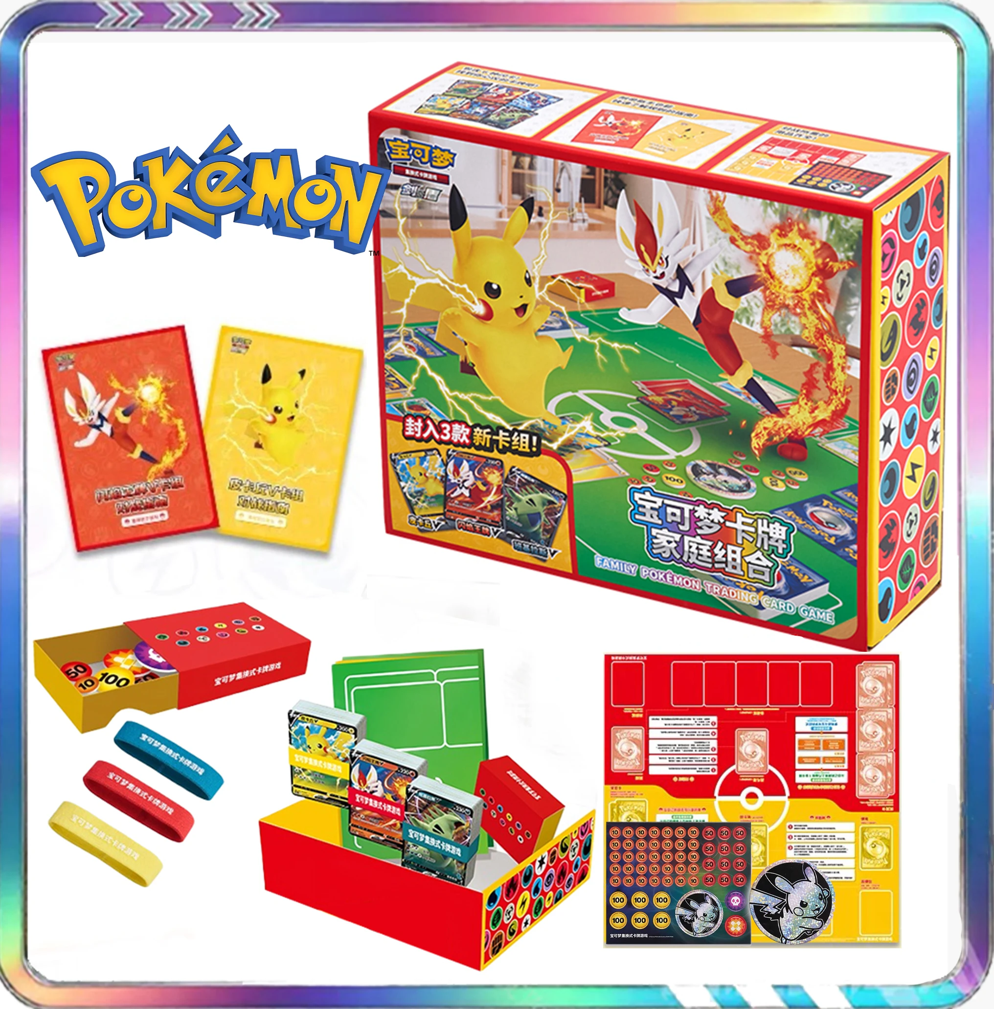 Caja Combinada Familiar Original de Pokémon TCG, Versión China, Set PTCG con 3 Mazos y Accesorios Completos para el Juego, Set de Exhibición PTCG con Tapete de Juego