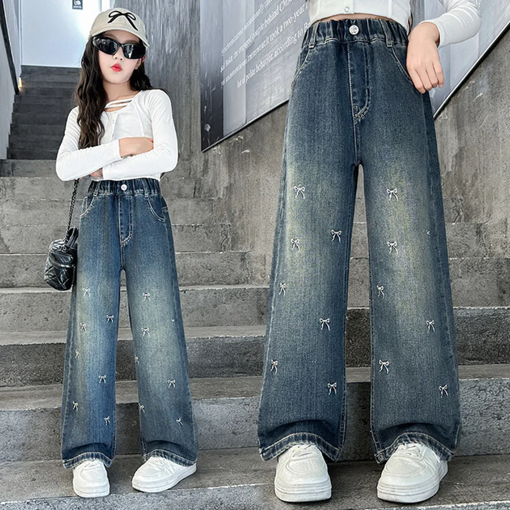 Spring Girls Jeans Kids Pants Wide-Leg trousers Side Spliced Letters Flowers Children jeans Light Blue Denim Pants 3 -14 Years