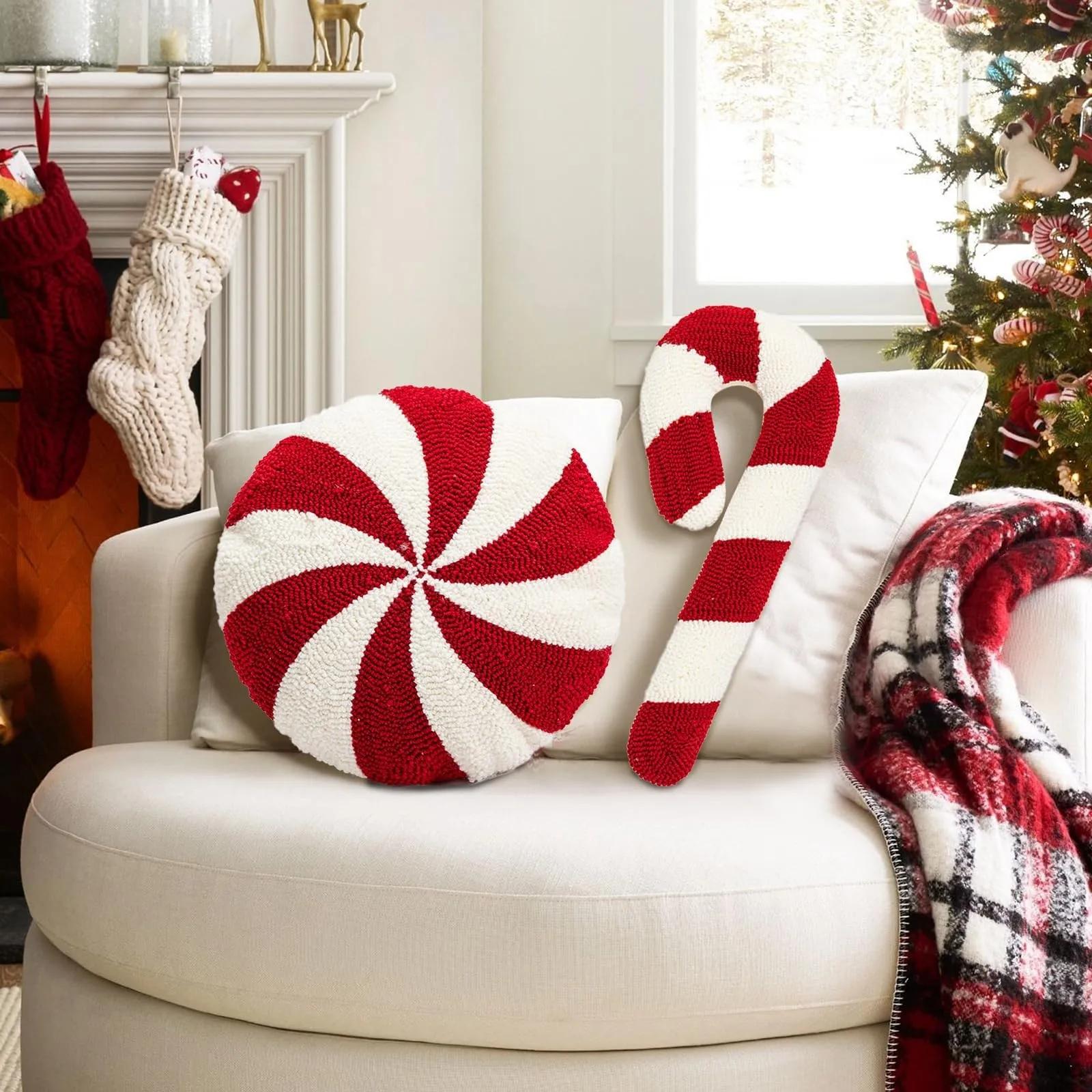 Christmas Candy Cane Pillows Christmas Throw Peppermint Pillows Plush Lollipop Cushion For Bed Sofa Car Winter Home Decoration