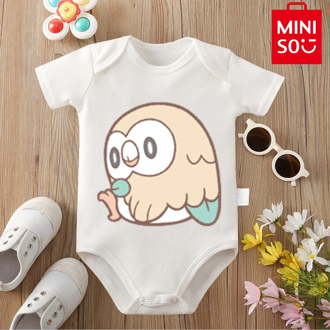 MINISO 100% Cotton Pichu Rowlet Print Comfortable and Soft Cloths Bodysuit for Baby Onesie Jumpsuit for 0 To 12 Months Newborn