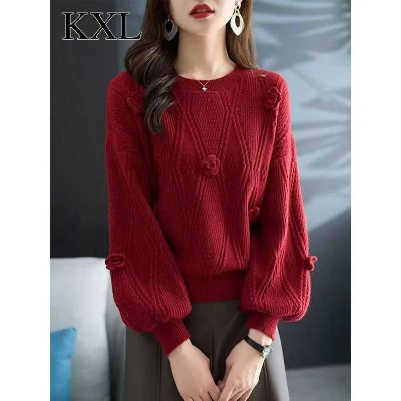 

Women's Clothing Chic Flower Embroidery Lantern Sleeve Sweaters Autumn Winter Casual Loose O-neck Knit Pullovers Lady Thick Tops