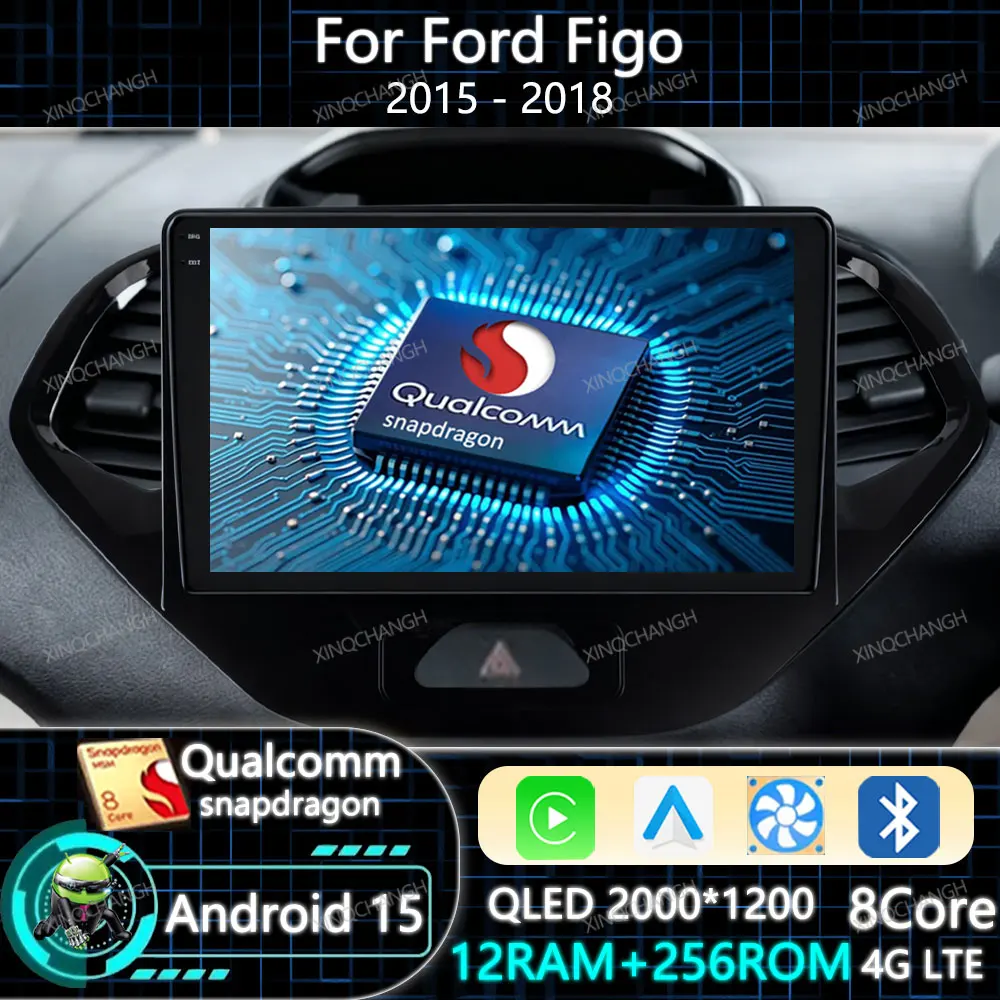 Rádio de Carro Android 15 Carplay Auto para Ford Figo 2015 - 2018 GPS 4G LTE 5G WIFI QLED Unidade Principal 2DIN Qualcomm BT Navegação BT GPS