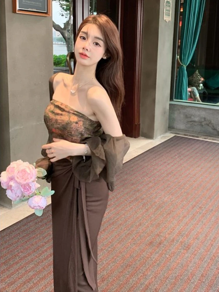 

Sets Women Vintage Floral Elegant Strapless Tanks Sexy Cropped Long Sleeve Jackets Slim Temperament Skirts Three Pieces Summer