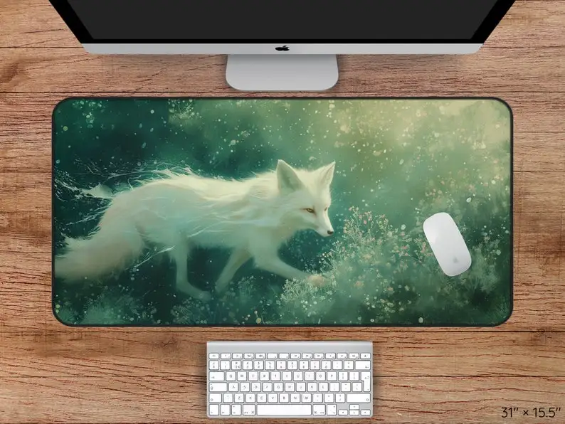 

Magic Fox Desk Mat, Sage Green Desk Mat Suitable for Nature Lovers,aesthetically Pleasing Green Desk Mat with Arctic Fox Pattern