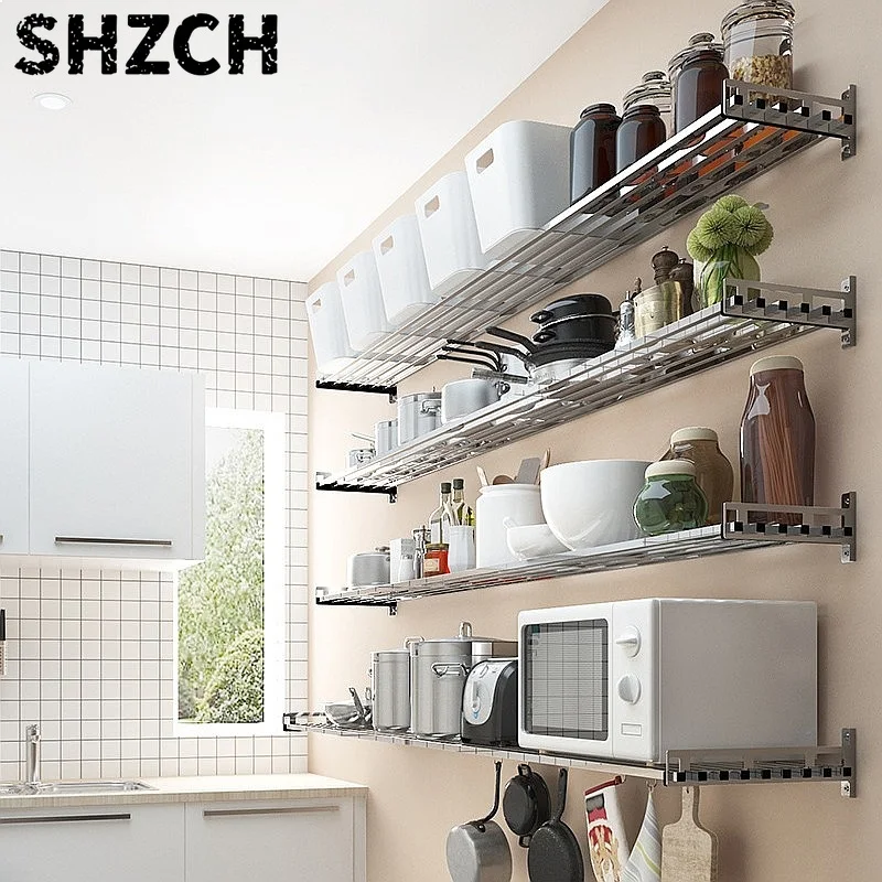 304 Stainless Steel Wall Mounted Shelf Heavy Duty Kitchen Organizer for Microwave Cookware