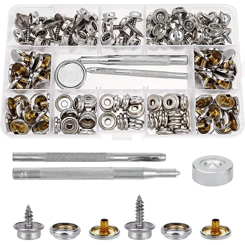 Fasteners Kit, Stainless Steel Screw Snaps Button Replacement Press Stud Kit With Tool For Boat Covers Tents Tarpaulins