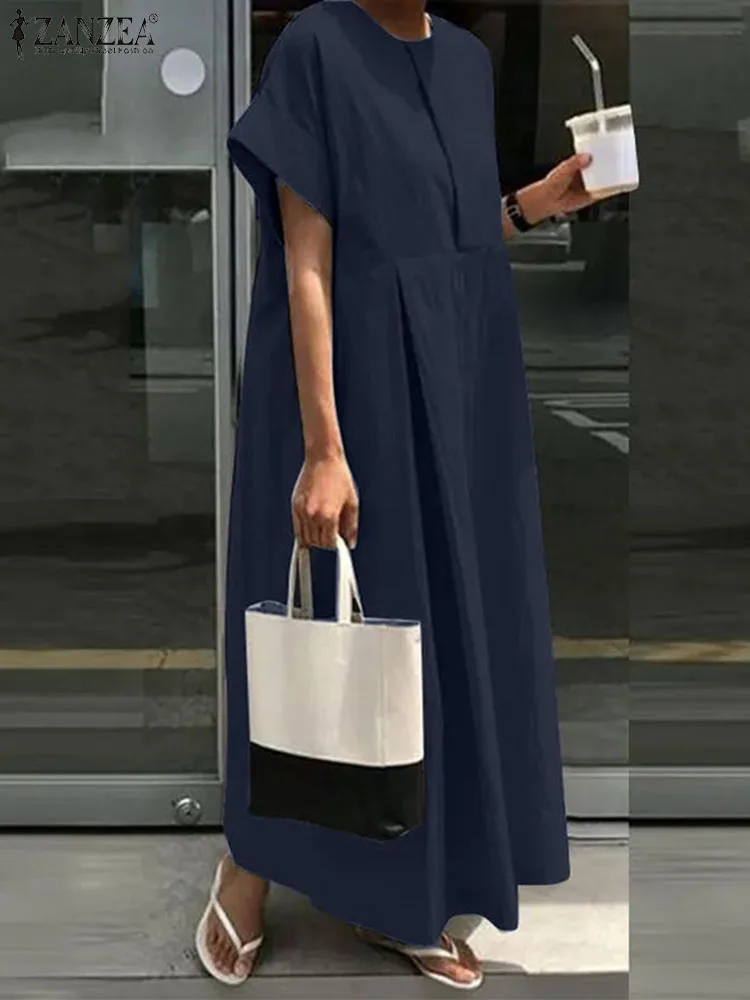 2023 ZANZEA Sommer Kleid Stilvolle Frauen Lose Kleider Casual O Hals Kurzarm Sommerkleid Solide Gefaltete Lange Robe Arbeit Vestidos