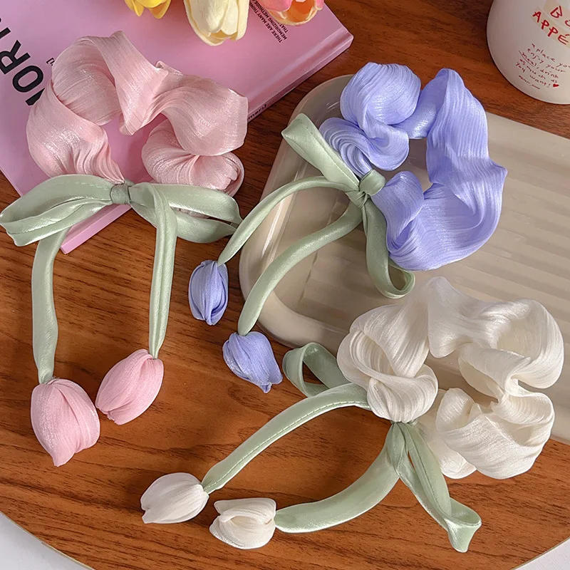 2024 Korean Floral Colored Scrunchies Sweet Women Girls Hair Ties Tulip Tassel Hair Rope Summer Hairband Hair Accessories