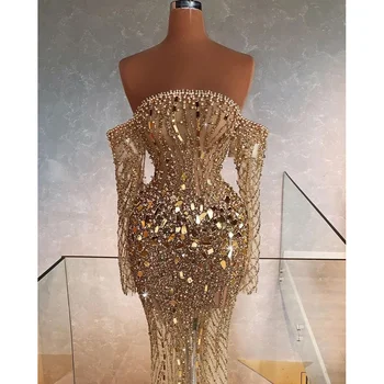 女性用イブニングドレス,地面までの長さ,長袖,手作りのビーズ,豪華で金色,ウエディングやパーティー用,新品でファッショナブル