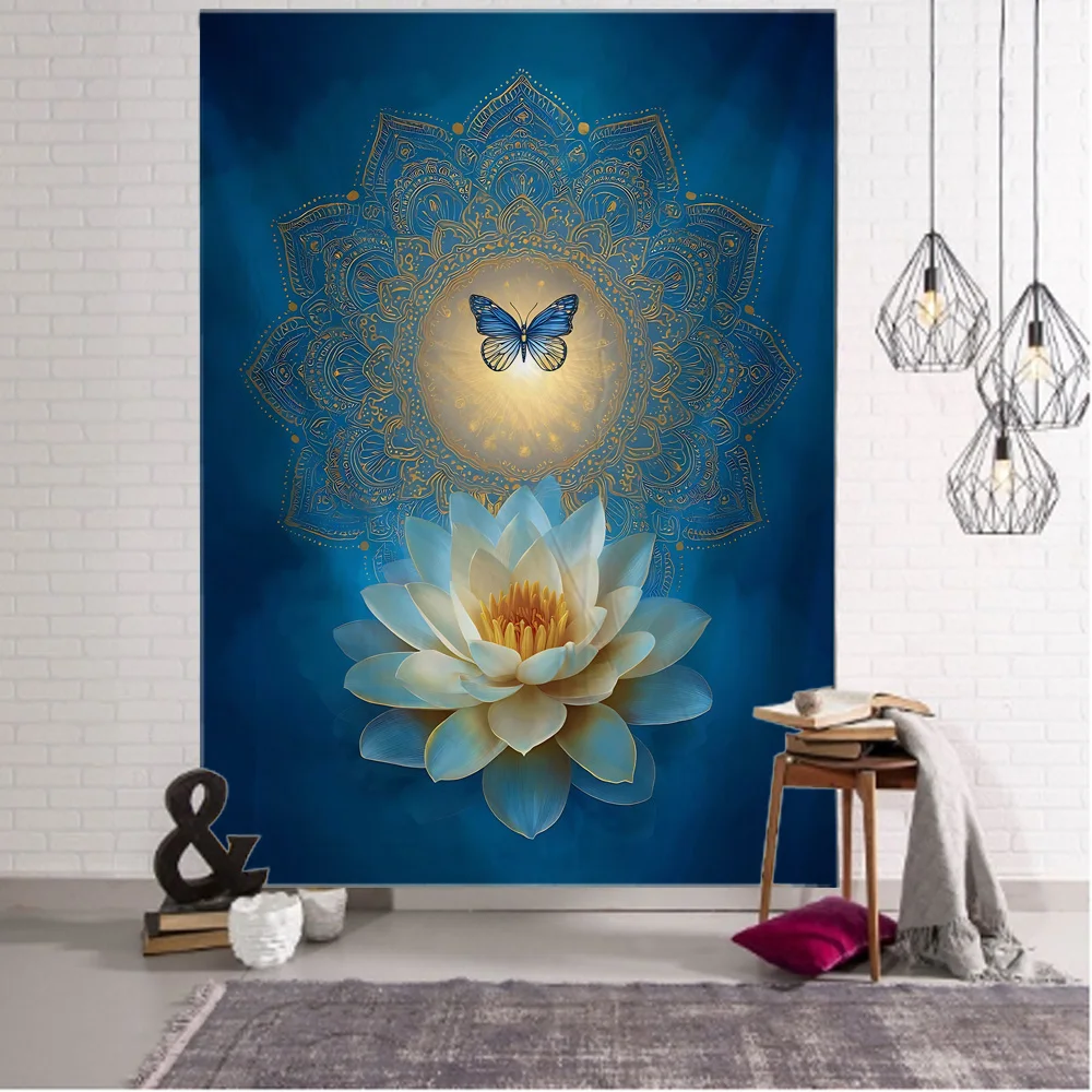 

Butterfly Lotus Tapestry Flower Plant Decoration Wall Hanging, Moon Phase Art Background Wall Decoration, Home Aesthetics