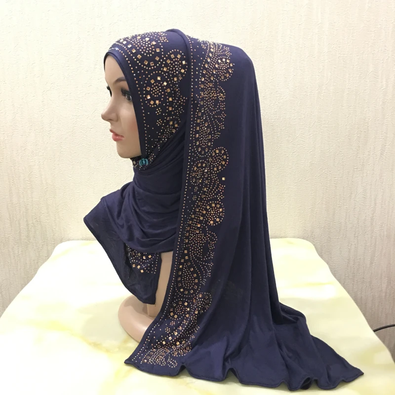 H099 high quality soft jersey scarf with stones pull on modal headscarf women\'s hijab islamic female shawl headwrap