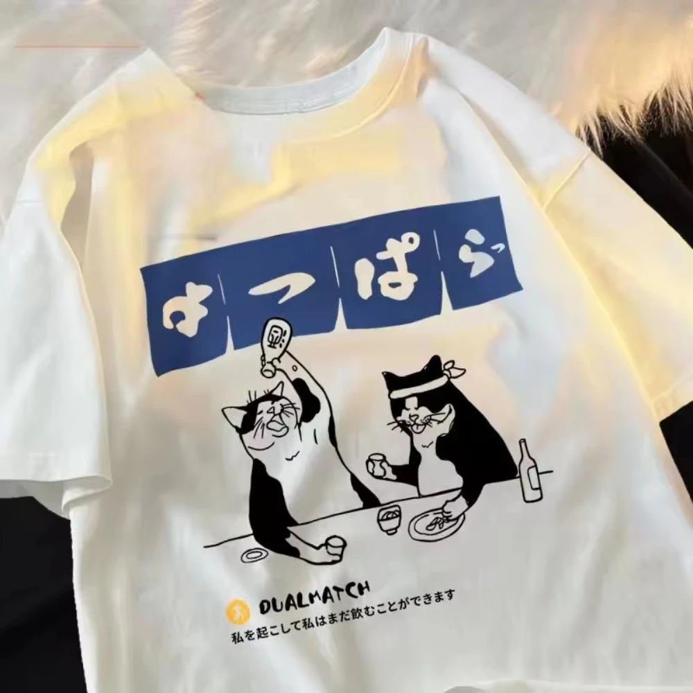 Fun Adhesive Tape Cat Print Japanese Style Short Sleeve Men Women Print T-Shirts Oversized O-Neck New Tops Tees Y2k Top T-shirts