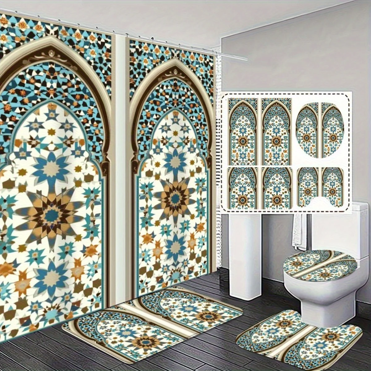 

4pcs Moroccan Style 2D Flat Shower Curtain and Non-Slip Bathroom Set - Boho Decor with Intricate Floral Patterns, Machine