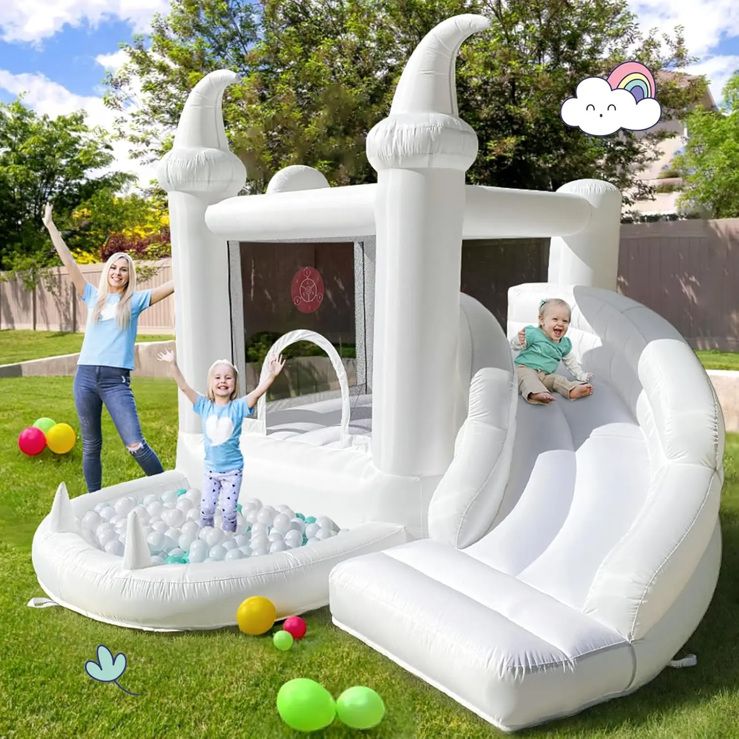 White Bounce House with Blower Kids Ball Pool Family Backyard Bouncy Castle Suitable for Birthady Events Parties Customization