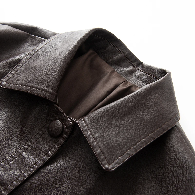 Chaqueta de Motera para Mujer, Estilo Retro E, Cuero Sintético Marrón, Diseño con Cinturón, Moda Otoñal, Corte Recto, ...