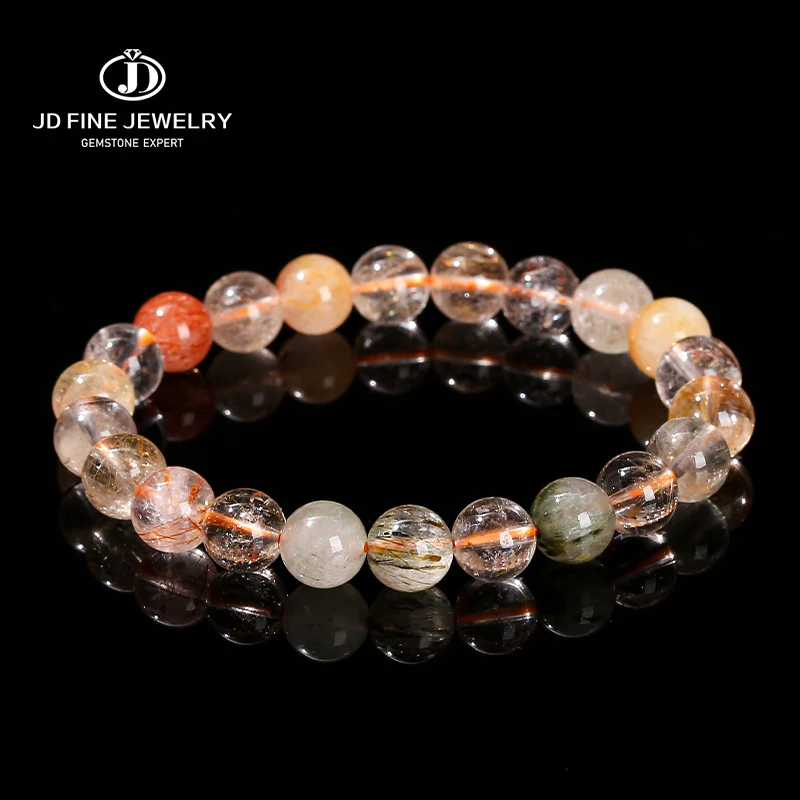 JD Natural Mixed Color Rutilated Quartz Bead Bracelets Women Trendy Round Crystal Stone Handmade Strand Bangles Yoga Jewelry