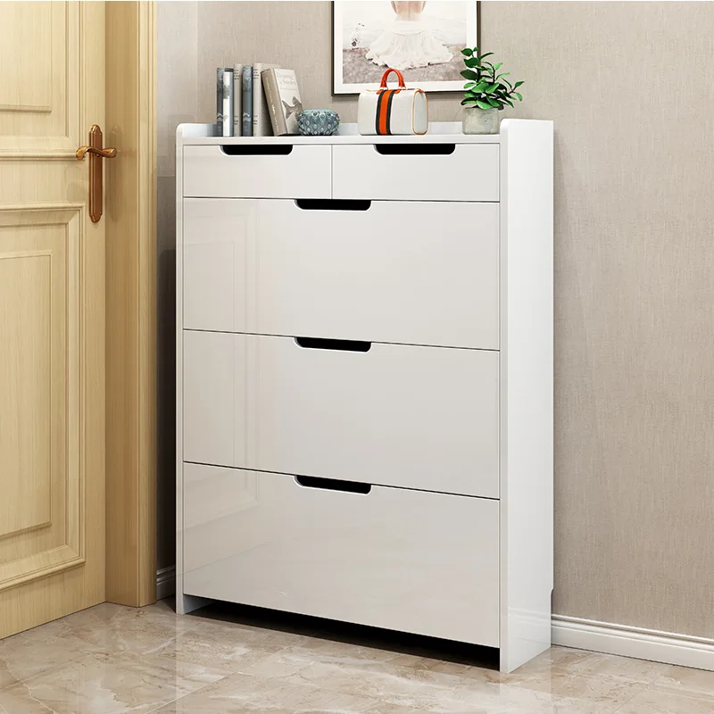 

White modern minimalist shoe cabinet, ultra-thin 17cm flip bucket shoe cabinet at home entrance, narrow door hall cabinet