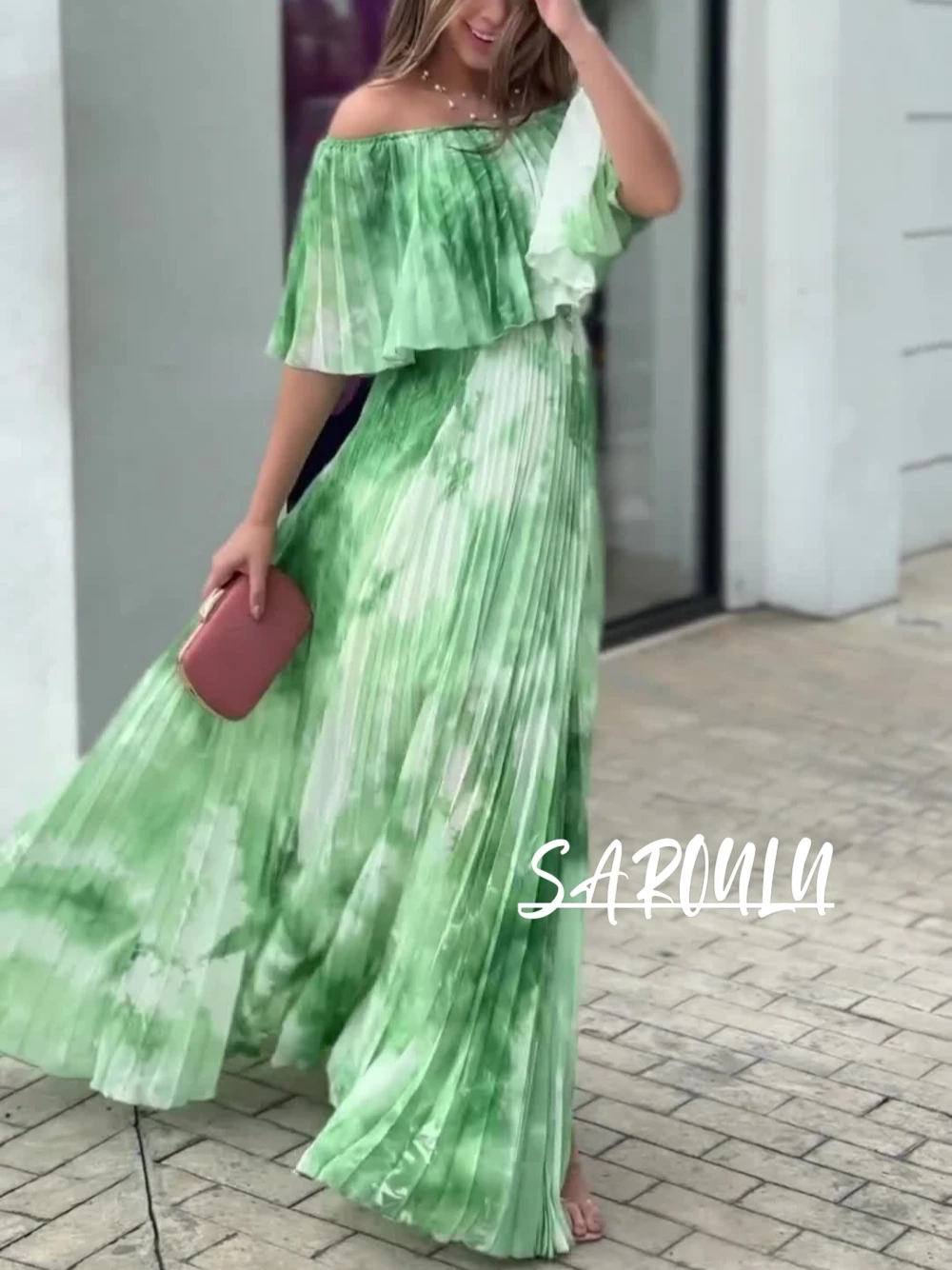 

Green Pleated Chiffon A Line Evening Dress, Soft Summer Plus Size Prom Gown, Off Shoulder Women Party Wear, New Arrival