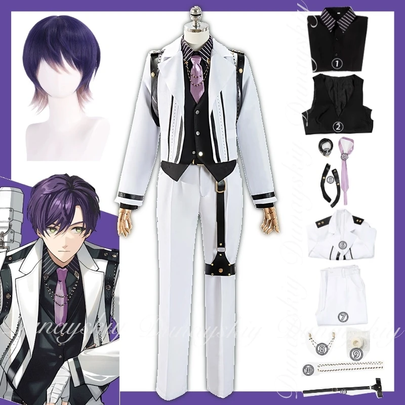 

NIJISANJI Anime Kenmochi Touya Cosplay With White Suit Purple Wig Swordsmanship Department Vice General Cosplay Costume Full Set
