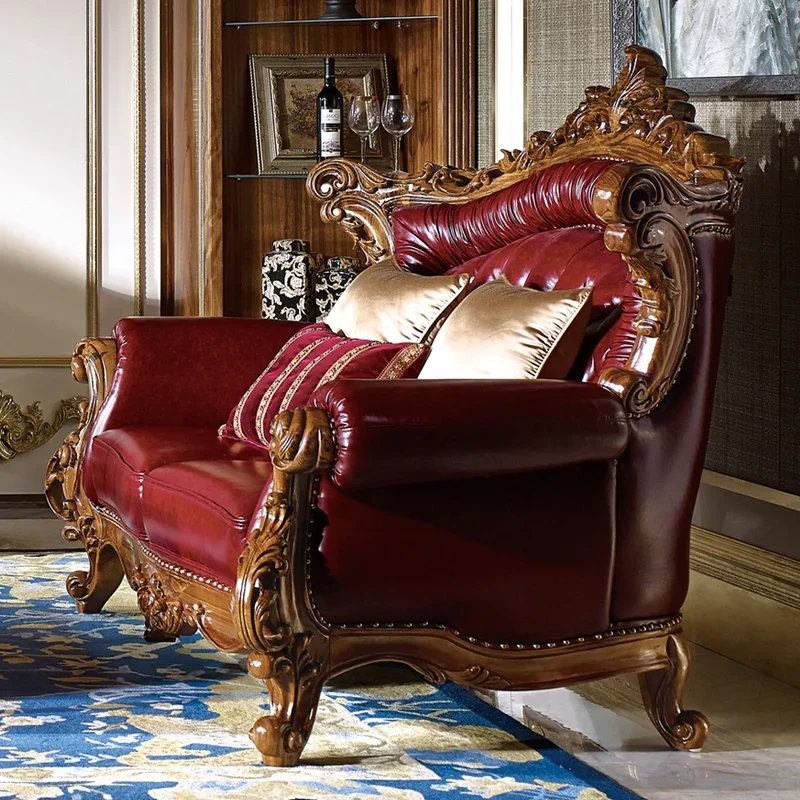 Carved Solid Wood Sofa Villa luxury first floor leather