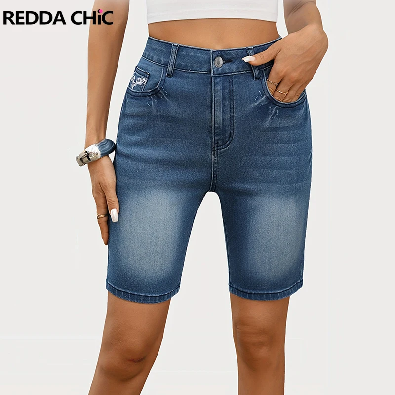 

REDDACHiC Women Jean Shorts with Embroidered Pockets Bleached High Rise Tight Stretch Do Old Bermuda Pants Casual Y2k Streetwear