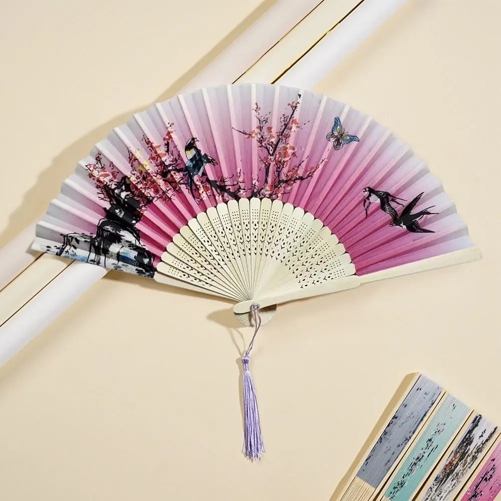 2024 Silk Vintage Folding Fan Colorful Bamboo Hand Fan Hand Fan Tassel Elegent Shank Classical Dance Fan Home Decoration