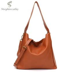 SC Women Retro Solid Color Genuine Leather Shoulder Bag Large Capacity Cross body Handbag with Zipper Lining Purse Casual Daily