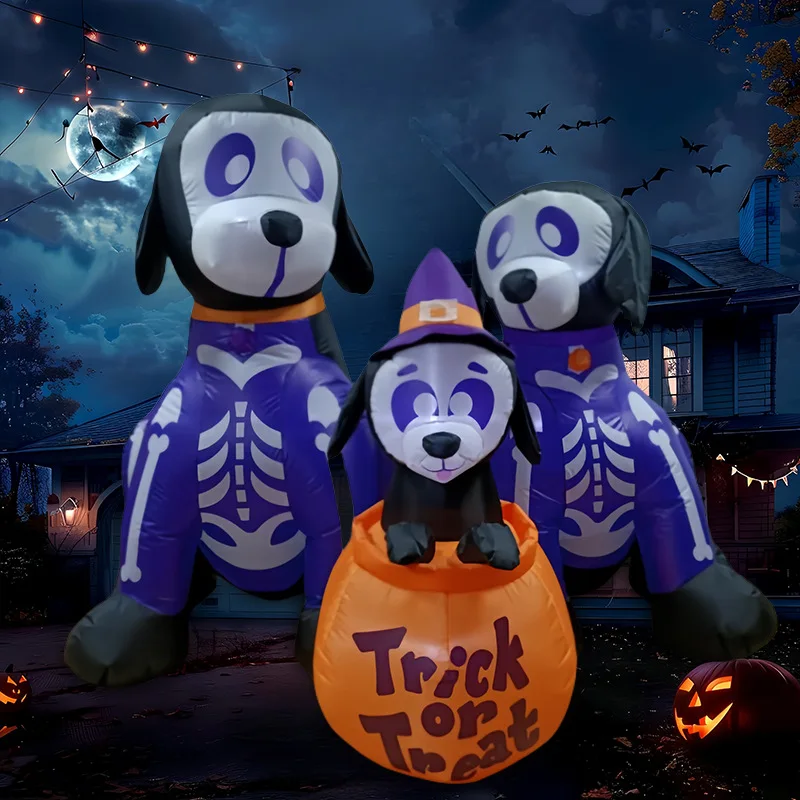 

1.8/6FT 3pcs Inflatable Skeleton Dogs with Pumpkin Bucket Halloween Decoration Glowing Puppies Outdoor Horror House Party Decor