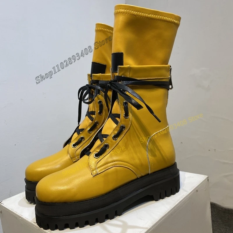 

Yellow Cross Tied Mid Calf Boots Round Toe Thick Soled Flat with Big Size Women Shoes 2023 Fashion Sexy Zapatos Para Mujere