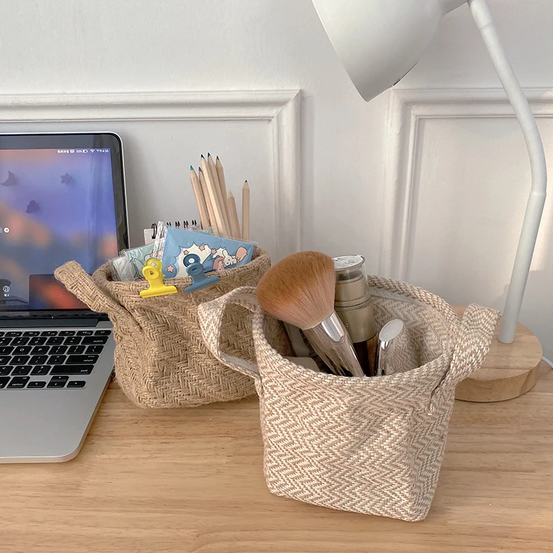 

Woven Linen Small Storage Basket Organizer Baskets Makeup Brush Folding Decorative Kitchen Bedroom Accessories